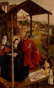 Maria and Joseph in admiration in front of the Jesuskind. from Meister der Landsberger Geburt Christi