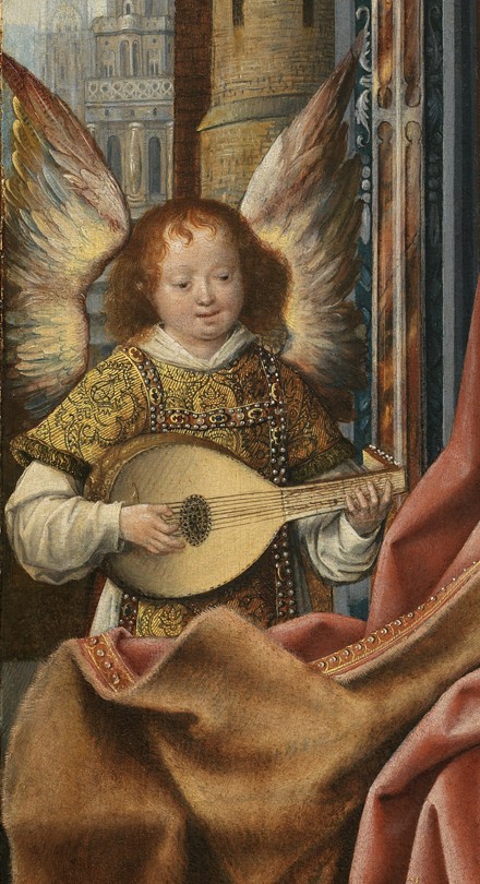 Triptych of the Holy Family with Music Making Angels. Detail: The Angel from Meister von Frankfurt