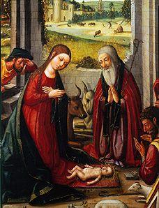 The birth Christi. (Detail: Maria and Joseph in adoration of the child)