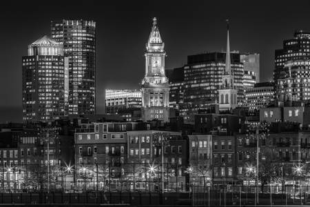 BOSTON Evening Skyline of North End & Financial District | Monochrome