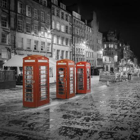 Red telephone boxes on the Royal Mile in Edinburgh - Colorkey