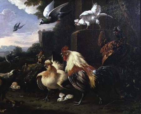 A cockerel and other fowl in a landscape from Melchior de Hondecoeter