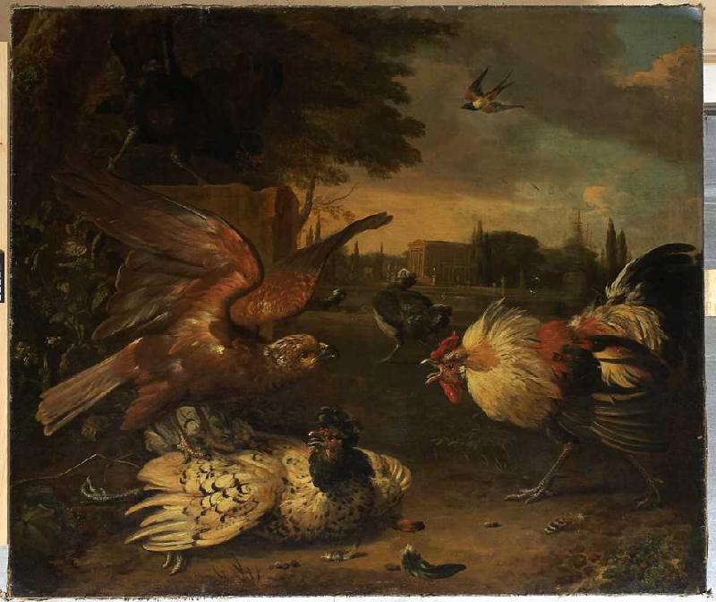 Ein Hahn verteidigt eine von einem Falken geschlagene Henne. from Melchior de Hondecoeter