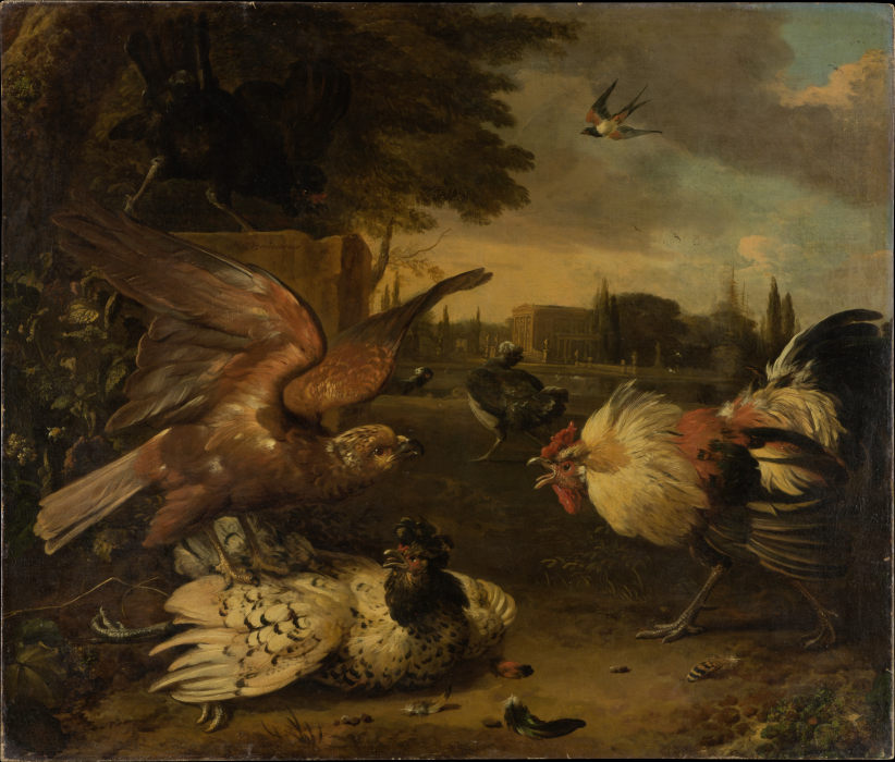 A Cock Defends a Hen from an Attacking Bird of Prey from Melchior de Hondecoeter