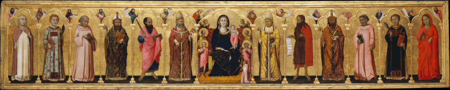 Madonna and Child Enthroned with Angels,Twelve Saints, Prophets,  and the Donor from Meo da Siena