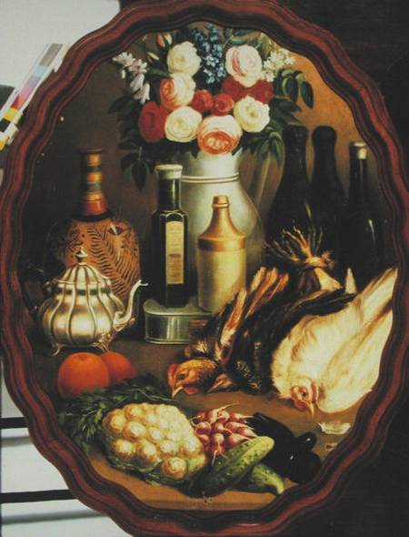Oval Still Life with Hen, Vegetables and Vase from Mexican School