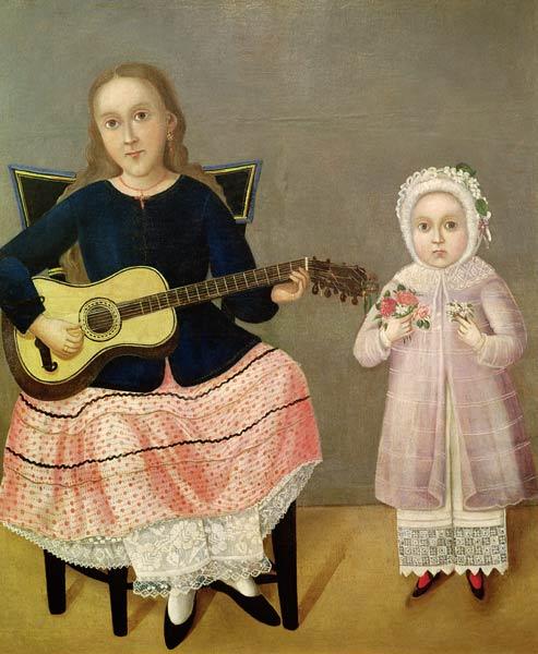 Young Girl with a Guitar and Child with a Bouquet
