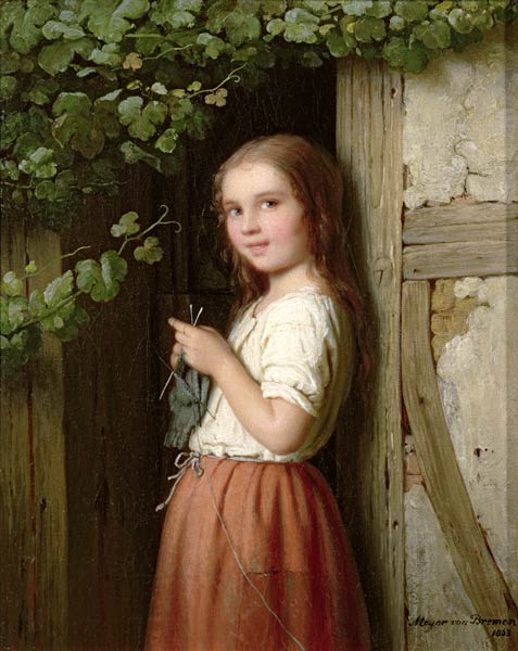 Young Girl Standing in a Doorway Knitting from Meyer von Bremen