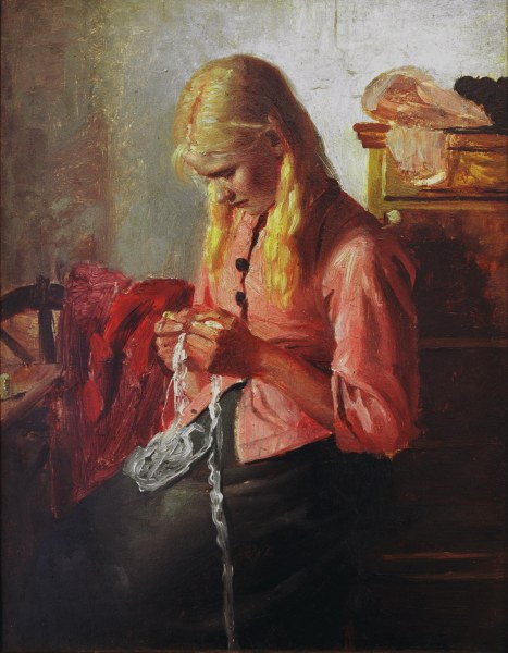 Young girl crocheting from Michael Peter Ancher
