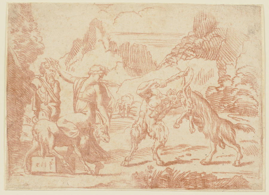 Bacchantin, an einer Panherme rückwärts auf einer Ziege sitzend, und ein Satyr, der mit einem Bock k from Michel Corneille d. J.