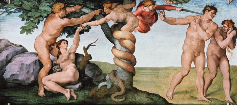 The temptation by the snake and the expulsion from the paradise (part Sistine Kapel from Michelangelo Buonarroti