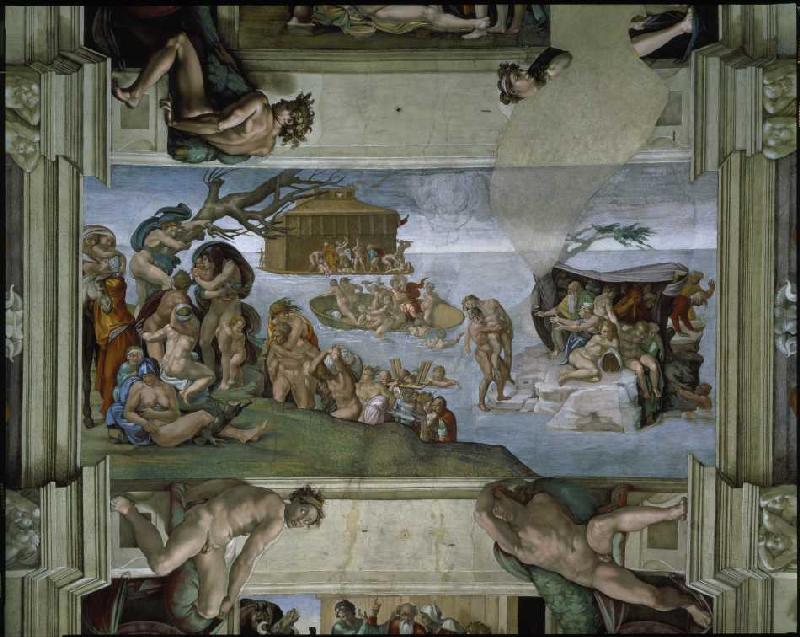 Ceiling fresco in the Sistine chapel Rome: The Flood. from Michelangelo Buonarroti