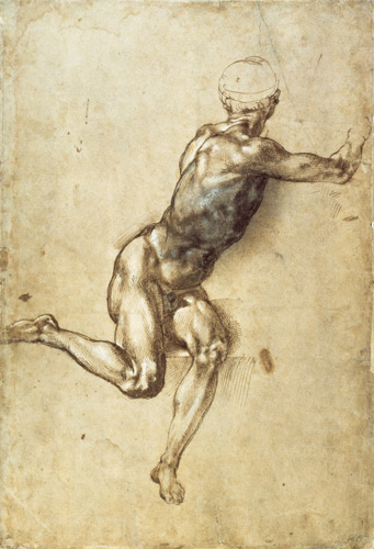 Figure Study for Battle of Cascina, 1504 (pen, brush, brown and grey from Michelangelo Buonarroti