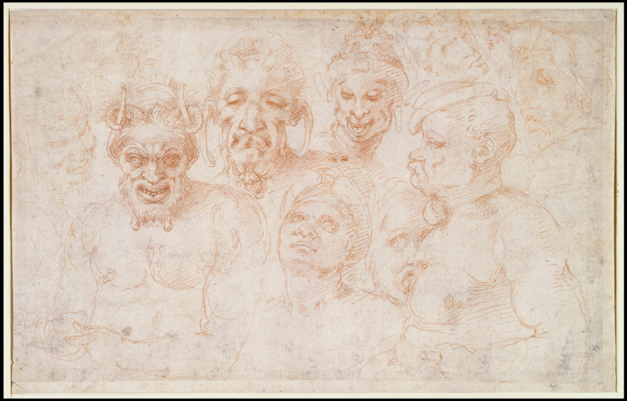 Grotesque heads and further studies from Michelangelo Buonarroti