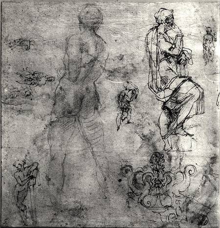 Human and architectural studies (pen & ink and pencil on paper) from Michelangelo Buonarroti