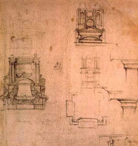 Inv. 1859 6-25-545. R. (W. 25) Designs for tombs (red chalk) from Michelangelo Buonarroti