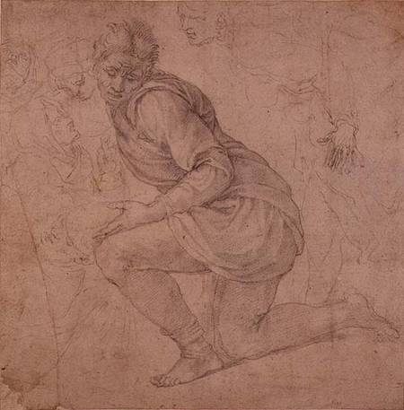 Inv. 5211-75 Fawkener Recto (W.92) Kneeling man from Michelangelo Buonarroti