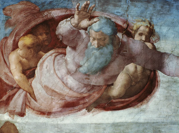 Sistine Chapel: God Dividing the Waters and Earth (pre restoration) (detail) from Michelangelo Buonarroti