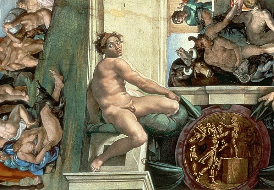 Sistine Chapel Ceiling (1508-12) detail of one of the ignudi (detail of 167695) from Michelangelo Buonarroti