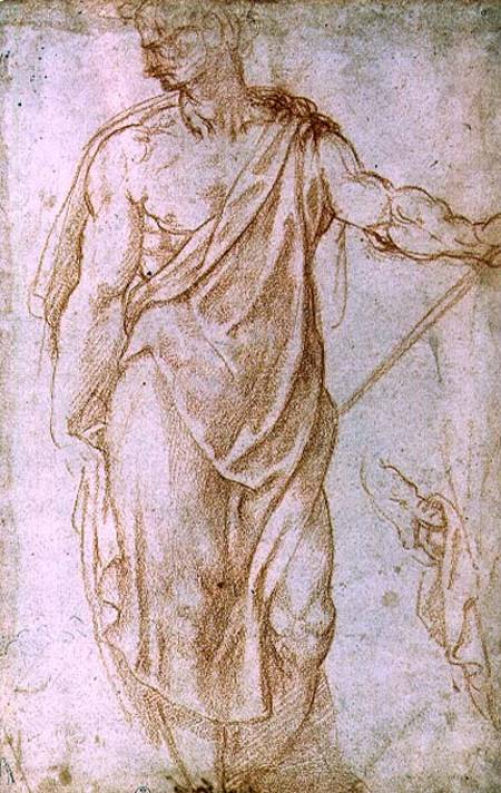 Sketch of a man holding a staff and a study of a hand from Michelangelo Buonarroti
