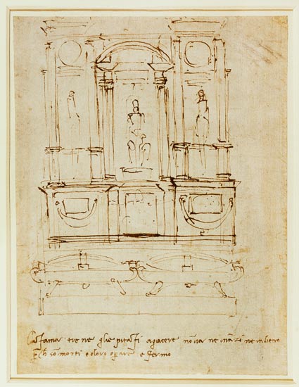 Inv.1859-6-25-543.recto (w.28) Study for the Tomb of Pope Julius II (brown ink) from Michelangelo Buonarroti