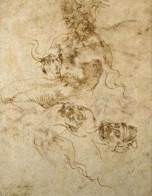 Study of a seated young Man, with head studies, c.1502 (pen & ink on paper) from Michelangelo Buonarroti