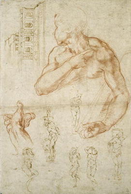 Study of the Assisting Figure of the Libyan Sibyl, c.1512 (red chalk & pen on paper) from Michelangelo Buonarroti