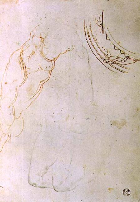 Study of a prone figure with crossed legs and a design for a lunette showing a figure mounting a sta from Michelangelo Buonarroti