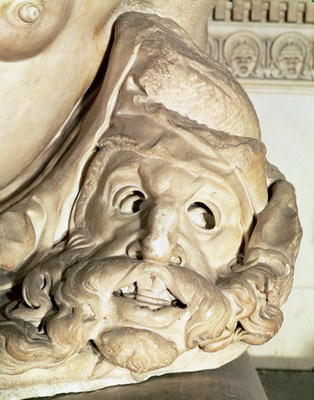 The Tomb of Giuliano de' Medici (1478-1516) detail of the tragic mask under the arm of Night, 1520-3 from Michelangelo Buonarroti