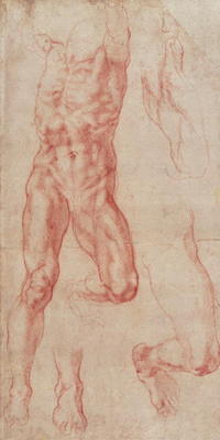 W.13r Study of a male nude, stretching upwards (chalk on paper) from Michelangelo Buonarroti