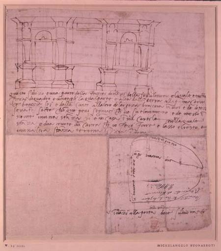 W.23r Architectural sketch with notes (pen & ink) from Michelangelo Buonarroti