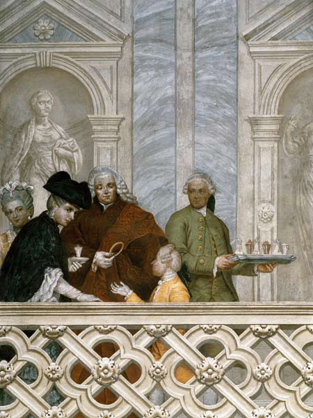 Group of five people including a waiter with a plate from Michelangelo Morlaiter