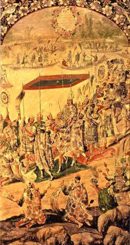 One of a pair of panels depicting the encounter between Hernando Cortes (1485-1547) and Montezuma (1 from Miguel and Juan Gonzalez