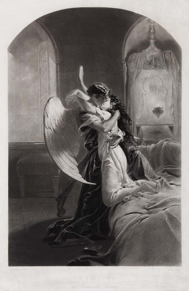 Tamara and Demon. Illustration to the poem "The Demon" by Mikhail Lermontov from Mihaly von Zichy