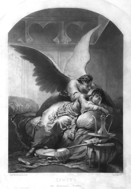 Tamara and Demon. Illustration to the poem "The Demon" by Mikhail Lermontov from Mihaly von Zichy