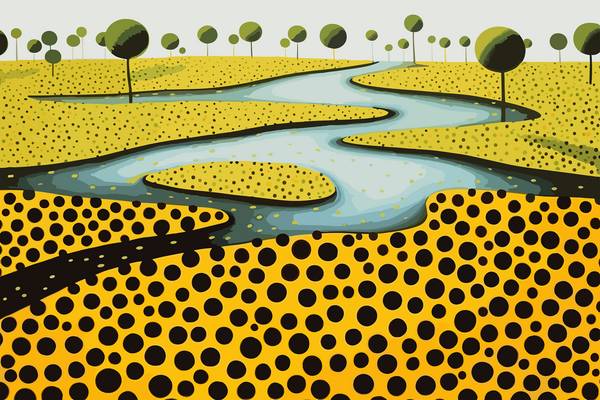 Abstrakte Landschaft mit Fluss, Bäumen und wiesen. Abstrakte Kreise auf gelber Wiese. Traumhafte, ve from Miro May