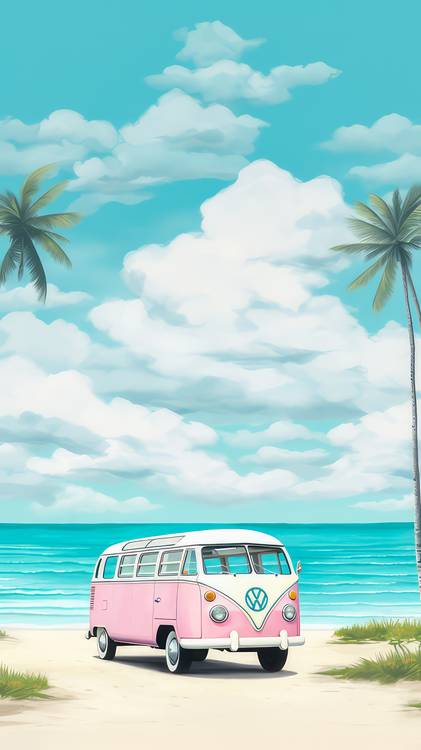 Bunte Aquarelle mit einem VW Bus unter Palmen. Strand, Wolken und Freiheit  from Miro May