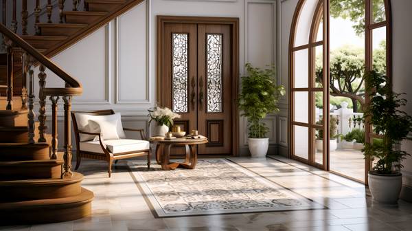 Mediterranes Innendesign einer modernen Eingangshalle mit Gittertür, Treppen und Pflanzen from Miro May