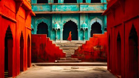 Architektur in Indien. Eine Frau in rot, Rote Arkaden, Tempel und Treppe.