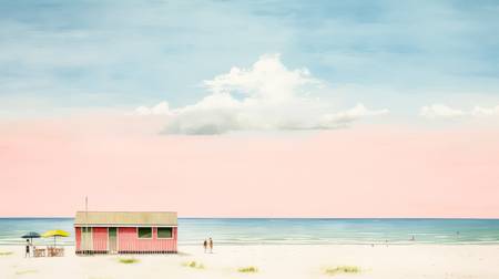 Bunte Aquarelle mit einem Cafe Haus am Strand. Sommer