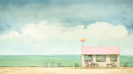 Bunte Aquarelle mit einem Cafe Haus am Strand. Sommer und Meer. Digital