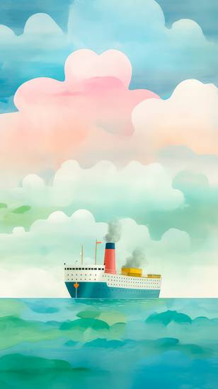 Bunte Aquarelle mit einem Schiff auf hoher See. Wolken und Meer. Digital