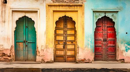 Bunte Türen in Indien. Alte Architektur in der Altstadt von Indien