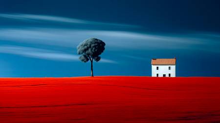 Ein weiteres Haus roter Feld und blauer Himmel 