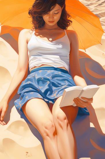 Eine Frau liegt am Sonnigen Tag am Strand im Sand und liest ein Buch. 