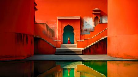 Frau in einem Wassertempel in Indien. Rote Wände und Treppe. Architektur in Indien
