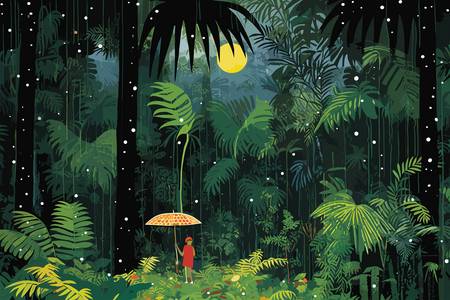 Mädchen mit Schirm im Wald beim Vollmond. Traumhafte Landschaft. Verträumtes Mädchen