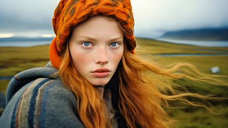 Portrait einer wunderschönen Frau in Island. Rothaarige Frau und die Landschaft