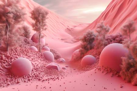 Rosa Kugeln, futuristische Landschaft mit rosa Bergen, Fantasielandschaft, Rosa Landschaft mit Kugel