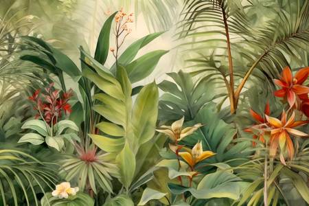 Tropische Blumen im Regenwald. Boho Style. Landschaft mit Blumen